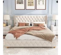 FAYICIC Letto imbottito 180 x 200 cm, con rete a doghe e testiera, imbottitura a bottoni, imbottitura rivetti, gambe in legno, velluto (beige)