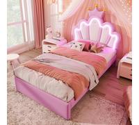 FAYICIC Letto imbottito 90 x 200 cm, senza materasso, luce ambiente telecomandata, letto con 2 cassetti, letto da principessa a forma di corona, PU (rosa)