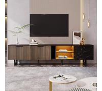 FAYICIC Mobile TV da 200 cm con effetto marmo nero, porte in legno scuro, illuminazione a LED regolabile, due ante e due cassetti, adatto per robot aspirapolvere