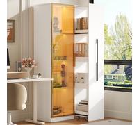FAYICIC Multifunzionale Armadio 70×40×160cm - Vetrinetta con Porta in Vetro e LED, Estrazione Laterale, Mobile Alto, Libreria, Armadio per Bagno, Credenza per (E)