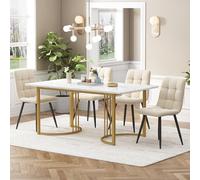 FAYICIC Set da pranzo (5-TLG), tavolo da pranzo con 4 sedie, 140 x 80 cm, tavolo da cucina con gambe in metallo dorato, piano in MDF bianco, velluto beige