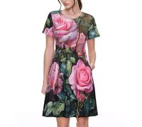 Fbghhty Abito estivo casual da donna con stampa di rose fresche rosa e maniche corte girocollo, Nero , 3XL
