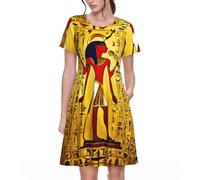 Fbghhty Antico Egitto Tribe Series Stampa Versatile Abbigliamento Quotidiano Abiti Da Donna Abito Casual Estivo Con Maniche Corte Girocollo, Nero , XXL