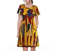 Fbghhty Antico Egitto Tribe Series Stampa Versatile Abbigliamento Quotidiano Abiti Da Donna Abito Casual Estivo Con Maniche Corte Girocollo, Nero , S