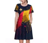 Fbghhty Bandiera del Venezuela Stampa Versatile Abbigliamento Quotidiano Donne Abiti Casual Estate Vestito con Maniche Corte Girocollo, Nero , 3XL