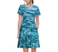 Fbghhty Bella superficie del mare Stampa Versatile Abbigliamento quotidiano Donne Abiti Casual Estate Vestito con Maniche Corte Girocollo, Nero , L
