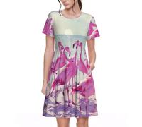Fbghhty Flock of Pink Flamingos on the Beach Print Versatile Daily Wear Women Dresses Casual Summer Dress con maniche corte girocollo, Nero , M