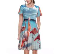 Fbghhty Flock of Pink Flamingos on the Beach Print Versatile Daily Wear Women Dresses Casual Summer Dress con maniche corte girocollo, Nero , L