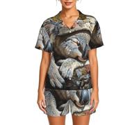 FBGHHTY Pigiama cardigan a maniche corte da donna con stampa koala che dorme 2 pezzi indumenti da notte leggeri abbigliamento domestico, Nero , M corto