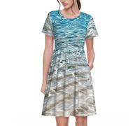 Fbghhty Stampa acqua di mare trasparente versatile abbigliamento quotidiano abiti da donna casual abito estivo con maniche corte girocollo, Nero , L