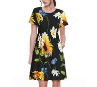 Fbghhty Stampa di girasoli camomilla versatile abbigliamento quotidiano abiti da donna abito estivo casual con maniche corte girocollo, Nero , S