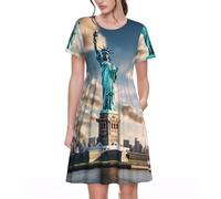 Fbghhty Statua della Libertà con stampa NYC Versatile Abbigliamento quotidiano Abiti da donna Abito estivo casual con maniche corte girocollo, Nero , L