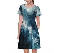 Fbghhty Within The Tides Print Versatile Daily Wear Women Dresses Casual Summer Dress con maniche corte girocollo, Nero , XL