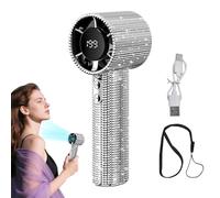 Fbinys Ventilatore portatile portatile, display digitale, design da appendere al collo, impreziosito da strass, regolabile, 199 velocità, nero compatto, eccellente per spiaggia, palestra, picnic