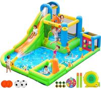 FBSPORT Castello Gonfiabile con Ventilatore con Scivolo Trampolino Piscina Parete da Arrampicata, Piscina di Palline oceaniche Parco Acquatico per Bambini