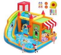 FBSPORT Castello Gonfiabile con Ventilatore con Scivolo Trampolino Piscina Parete da Arrampicata, Piscina di Palline oceaniche Parco Acquatico per Bambini 424 ×388 ×238 CM