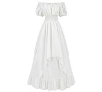 FCCAM Abbigliamento medievale da donna, costume da rinascimento bianco, costume da pirata con maniche a sbuffo, orlo doppio strato e vita elastica, M