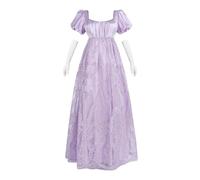 FCCAM Abito da donna Regency con maniche a sbuffo, stile impero, vintage vittoriano, con ricamo a rete, abito da tè con guanti, Viola 1502, L