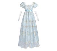 FCCAM Abito da donna Regency Jane Austen abiti lunghi vintage abito da ballo vittoriano con guanti abito in vita impero, Blu 1104 Nuovo, L