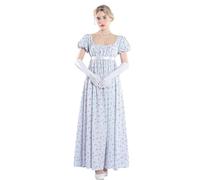 FCCAM Abito da donna Regency Jane Austen lungo Vintage Abito da ballo vittoriano, con guanti, stile impero, Blu 1023, S