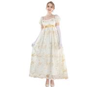 FCCAM Abito lungo vintage da donna in stile Regency Jane Austen, abito da ballo vittoriano con guanti, abito a vita impero, M