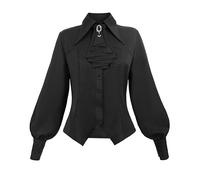 FCCAM Camicetta vittoriana da donna nera a maniche lunghe vittoriano blouse nero camicia con volant gotico camicetta pirata camicia medievale da donna, Nero , L