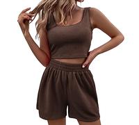 Fccrian Due Outfits Donne Estate Shorts Set 2 Senza Maniche Corrispondenza Crop Top E Pantaloncini A Vita Alta Copertura Spiaggia, Marrone, M