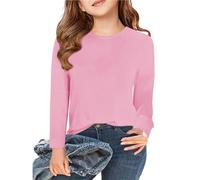 Fccrian Maglietta a maniche lunghe per bambine, top autunnale a girocollo, maglietta basic 5 14 anni ragazza interrotta camicia (rosa, 9-10 anni)
