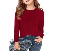 Fccrian Maglietta a maniche lunghe per ragazze per bambini, autunnale, girocollo, maglietta basic 5 14 anni ragazza interrotta (vino, 9-10 anni)