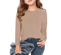 Fccrian Maglietta a maniche lunghe per ragazze, top autunnale per bambini, maglietta a girocollo basic 5 14 anni camicia interrotta da ragazza cachi, 7-8 anni)