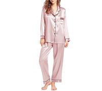 Fccrian Set pigiama da donna in raso di seta, con colletto alla rovescia, con colletto e pantaloni elasticizzati in vita, morbidi e confortevoli, a maniche lunghe, per tutte le stagioni, rosa, 5XL
