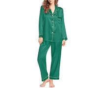 Fccrian Set pigiama da donna in raso di seta, con colletto alla rovescia, con colletto e pantaloni elasticizzati in vita, morbidi e confortevoli, a maniche lunghe, per tutte le stagioni, Verde, L