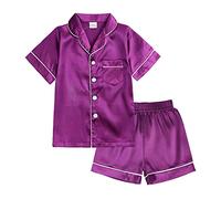Fccrian Set pigiama per bambine, in raso, a maniche corte, 2 piumini, classico, abbigliamento da casa con pantaloncini, accappatoio gigante (viola, 10-11 anni)