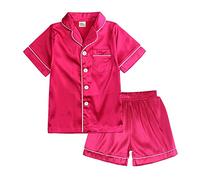 Fccrian Set pigiama per bambine, in raso, a maniche corte, 2 piumini, classico, abbigliamento da casa con pantaloncini, accappatoio gigante (rosa acceso, 2-3 anni)