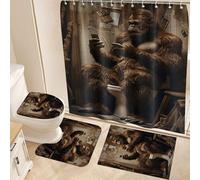 Fchen art Set di 4 tappetini da bagno a forma di U con tenda da doccia, divertente gorilla Bigfoot seduto sul water che gioca al telefono, tappetini da bagno antiscivolo per la decorazione del bagno