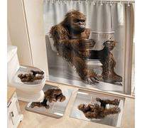 Fchen art Set di 4 tappetini da bagno antiscivolo super assorbenti e tenda da doccia, gorilla sul WC, tappeto a forma di U, con retro in gomma, set da bagno marrone