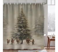 Fchen art Set di tende da doccia natalizie con albero e bambini che giocano design, 180 x 180 cm, decorazione per il bagno, include 12 ganci, tessuto in poliestere lavabile in lavatrice