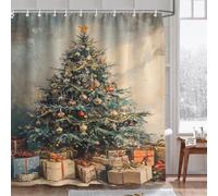Fchen art Tenda da doccia invernale con foresta innevata, 180 x 180 cm, pino verde e fiocco di neve, decorazione natalizia per il bagno, tessuto in poliestere impermeabile con 12 ganci