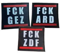 FCK GEZ, ARD, ZDF - Set di 3 toppe da cucire o da applicare con ferro da stiro, contro i costi obbligatori, Fuck GEZ Servizio contributori Toppe termoadesive, divertente politica satira, 10 x 10 cm