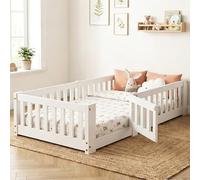 FCSQIU Letto a Pavimento In Legno Massello,Letto Montessori Bambini 90x200,Letto Singolo con Sponda Anticaduta e Telaio con Doghe,Per Bambino e Bambina, per Bambini,senza materasso