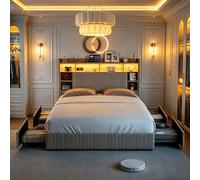 FCSQIU Letto matrimoniale imbottito 140 x 200 cm, con spazio di archiviazione e rete a doghe, letto con 4 cassetti, letto funzionale per ragazzi e ragazzi, schienale con rete a doghe, senza materasso