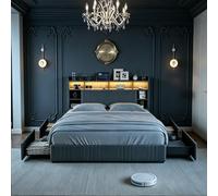 FCSQIU Letto matrimoniale imbottito 140 x 200 cm, con spazio di archiviazione e rete a doghe, letto con 4 cassetti, letto funzionale, letto per ragazzi, schienale letto, senza materasso