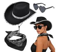 FCXVXCL 3PCS Cappello da Cowboy Western Bianco Cappello Cowboy Piume Sciarpa e Occhiali A Forma di Cuore Cowgirl Accessorio Decorazione Glitterata Adatta Balli in Maschera Festa