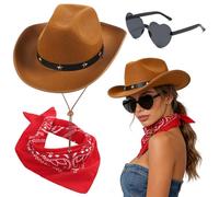 FCXVXCL 3PCS Cappello da Cowboy Western Blu Cappello Cowboy Piume Sciarpa e Occhiali A Forma di Cuore Cowgirl Accessorio Decorazione Glitterata Adatta Balli in Maschera Festa