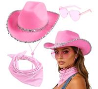 FCXVXCL 3PCS Cappello da Cowboy Western Rosa Cappello Cowboy Piume Sciarpa e Occhiali A Forma di Cuore Cowgirl Accessorio Decorazione Glitterata Adatta Balli in Maschera Festa