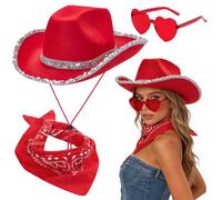 FCXVXCL 3PCS Cappello da Cowboy Western Rosso Cappello Cowboy Piume Sciarpa e Occhiali A Forma di Cuore Cowgirl Accessorio Decorazione Glitterata Adatta Balli in Maschera Festa