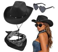 FCXVXCL 3PCS Cappello da Cowboy Western Viola Cappello Cowboy Piume Sciarpa e Occhiali A Forma di Cuore Cowgirl Accessorio Decorazione Glitterata Adatta Balli in Maschera Festa