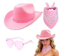 FCXVX appello Cowboy Costume Cowgirl Accessorio 3PCS Western Cappello Cowboy con Sciarpa e Occhiali a Forma di Cuore Cappelli Multifunzionali per Halloween Carnevale Rosa