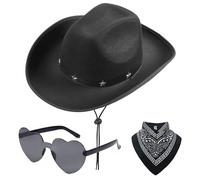 FCXVXCL Cappello Cowboy Costume Cowgirl Accessorio 3PCS Western Cappello Cowboy con Sciarpa e Occhiali a Forma di Cuore Cappelli Multifunzionali per Halloween Carnevale Nero