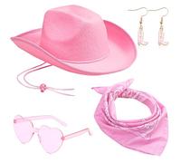 FCXVXCL Cappello Cowgirl, Cappello Cowboy Piume, Cappello Cowgirl, con Occhiali e Bandana Rosa, Cowboy Hat per Fancy Dress Party Accessory 4pcs